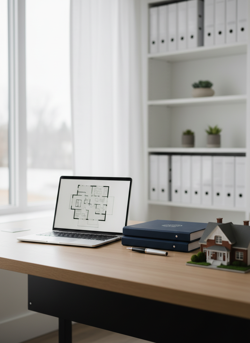 A professional real estate workspace scene featuring a neatly arranged, modern home office corner that suggests attentive client service without showing people. A slim, silver laptop rests on a light oak desk, its screen displaying a subtle, blurred floor plan. Beside it, an organized stack of navy-blue real estate folders, a polished metal pen, and a small architectural model of a Twin Cities-style house create a sense of expertise. A large window to the left lets in soft, overcast daylight, casting even, shadow-free illumination on the matte desktop surface. In the background, out-of-focus white shelves hold neatly aligned property binders and a few tasteful plants. Photographed at eye level with a shallow depth of field, the mood is calm, professional, and trustworthy, with clean photographic realism ideal for a real estate advisor brand.