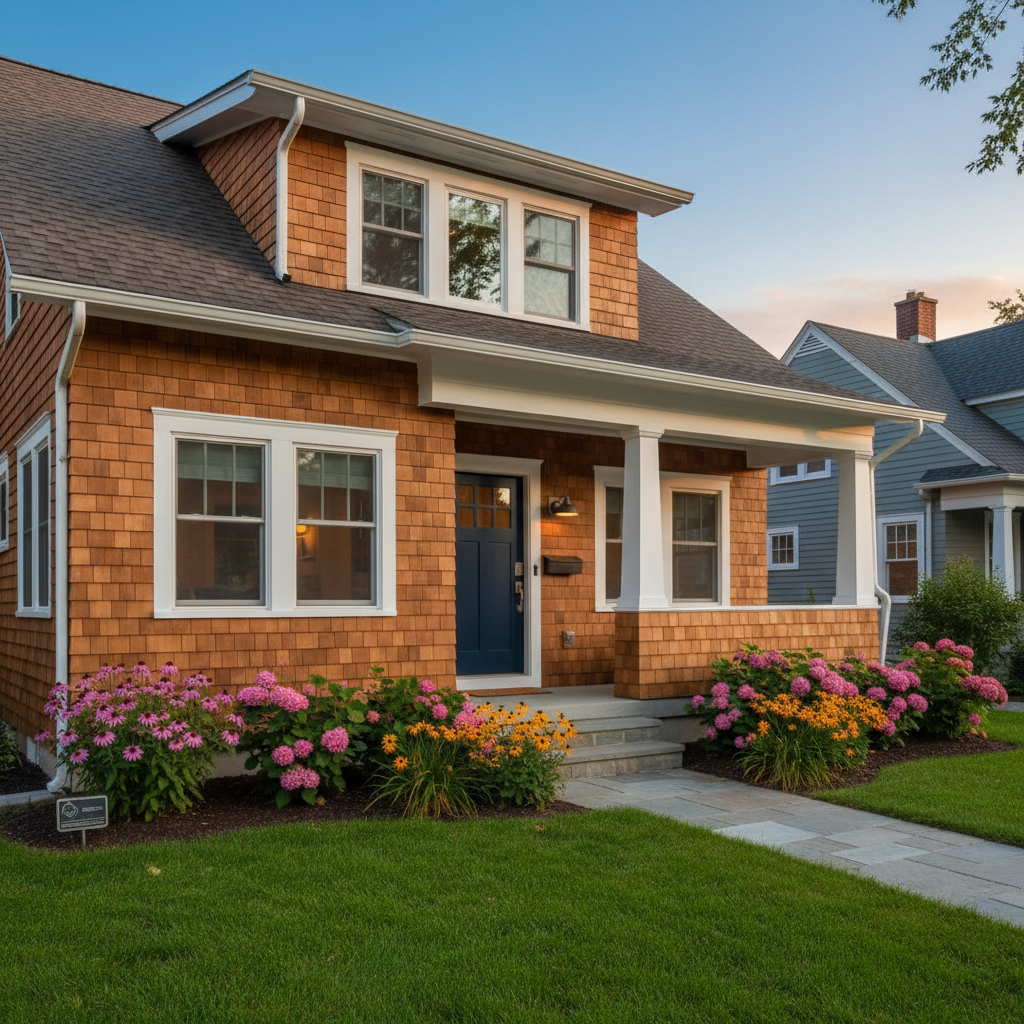 A crisp, exterior curb-appeal shot of a classic Minneapolis–St. Paul craftsman-style home, freshly updated and ready for listing. The house features warm cedar shakes, white trim, and a deep navy front door with elegant brushed-nickel hardware. Manicured landscaping frames the entry, with neatly edged green lawn, blooming perennials, and a stone walkway leading up to a covered porch. Golden hour sunlight bathes the façade in a soft, flattering glow, creating subtle highlights on the siding and gentle shadows under the eaves. The sky is clear with a faint gradient from blue to amber near the horizon. Photographed from a slightly elevated angle with photographic realism, the composition follows the rule of thirds, emphasizing both the home and the welcoming front approach, conveying professionalism, value, and neighborhood charm.