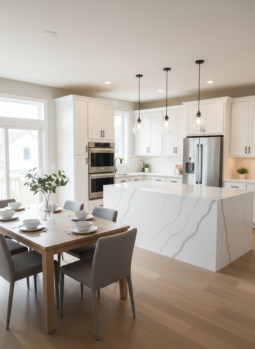 A bright, contemporary open-concept kitchen and dining space in a suburban Twin Cities home, styled for a premium listing. The kitchen showcases white shaker cabinets with understated black pulls, a large quartz island with soft gray veining, and stainless-steel appliances with a brushed finish. Three simple glass pendant lights hang above the island, casting warm, focused illumination that complements the diffused daylight streaming through a nearby patio door. The adjacent dining area features a natural wood table set with minimalist ceramic dishware and a single vase of greenery. Shot from a slightly elevated corner with a wide-angle lens, everything is in sharp focus, emphasizing spaciousness and flow. The atmosphere is clean, modern, and move-in ready, rendered in high-end photographic realism to highlight exceptional value and thoughtful design.