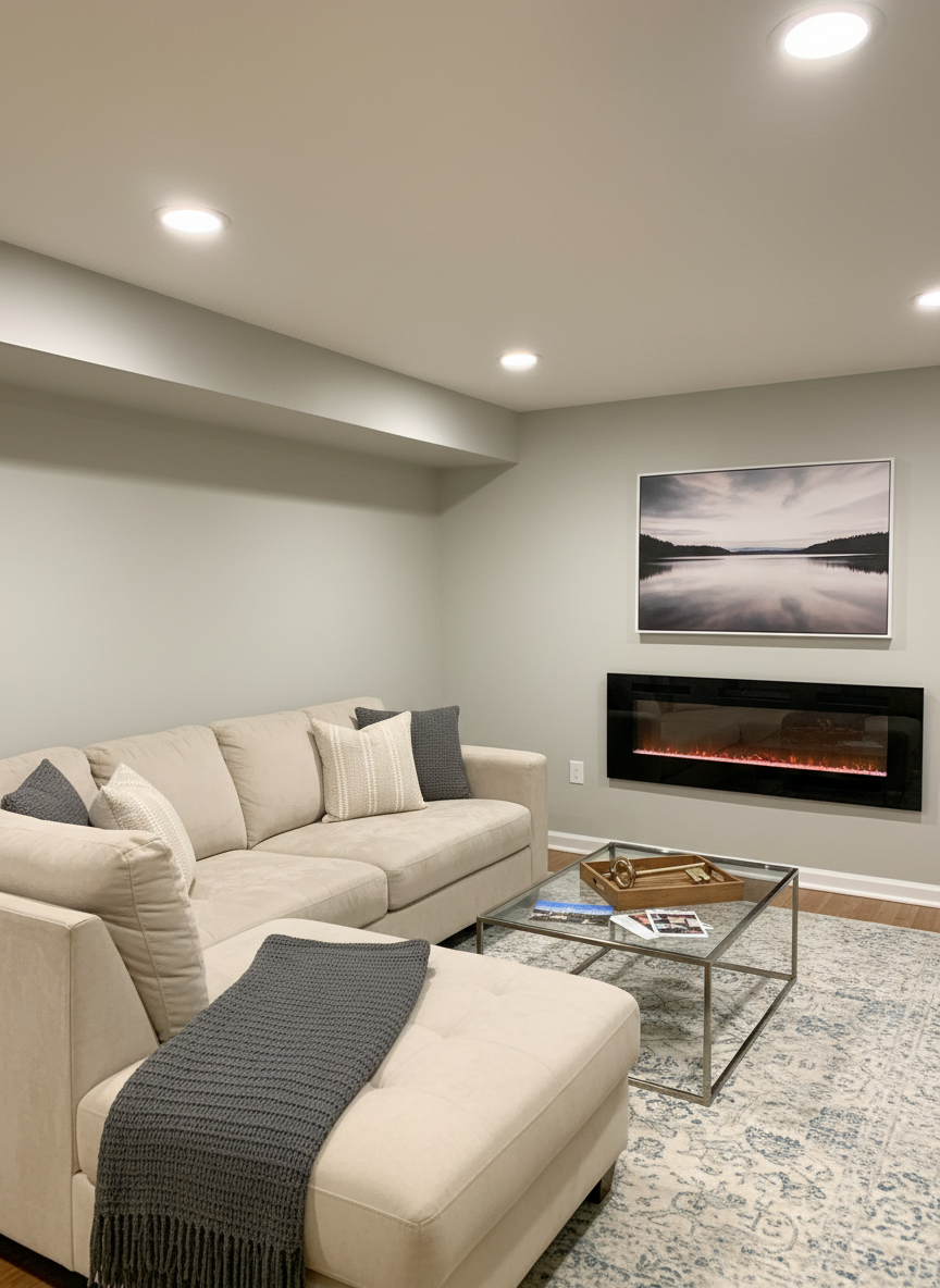 A cozy, move-in-ready lower-level family room in a Twin Cities suburban home, emphasizing comfort and value. A soft, oatmeal-colored sectional hugs the corner of the room, paired with a charcoal knit throw blanket folded neatly over the arm. The walls are painted a warm, light greige, complemented by recessed ceiling lights that provide even, warm illumination without harsh shadows. A tasteful, wall-mounted electric fireplace with a slim black frame and realistic ember glow becomes a focal point, reflected subtly in a low, glass-topped coffee table. A small tray with real estate brochures and a key-shaped brass decor piece hints at new homeownership. Photographed from a slightly elevated perspective with moderate depth of field, the photographic realism captures a calm, inviting, and practical atmosphere suited to budget-conscious yet discerning buyers.