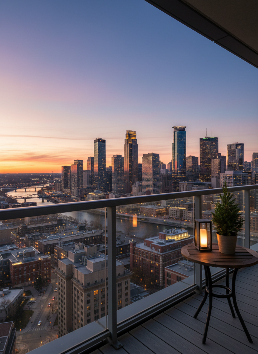 A panoramic, high-floor view of the Minneapolis–St. Paul skyline at dusk as seen from a modern condo balcony, designed to highlight urban real estate appeal. The foreground features a sleek glass railing with minimal metal framing, reflecting the subtle hues of the setting sun. A small, low-profile outdoor table with a simple lantern and a potted evergreen sits on a gray composite deck surface. Beyond, the city’s buildings glow with warm interior lights against a sky transitioning from deep blue to soft pink and orange. The Mississippi River is faintly visible, adding regional context. Captured with a wide-angle lens and sharp focus from foreground to horizon, the photographic realism emphasizes lifestyle and location, with a sophisticated, aspirational mood that suggests smart investment and elevated living in the Twin Cities.